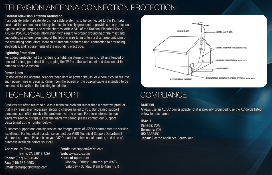 Technical support, Television antenna connection protection, Compliance | Whirlpool VMB070 User Manual | Page 15 / 16