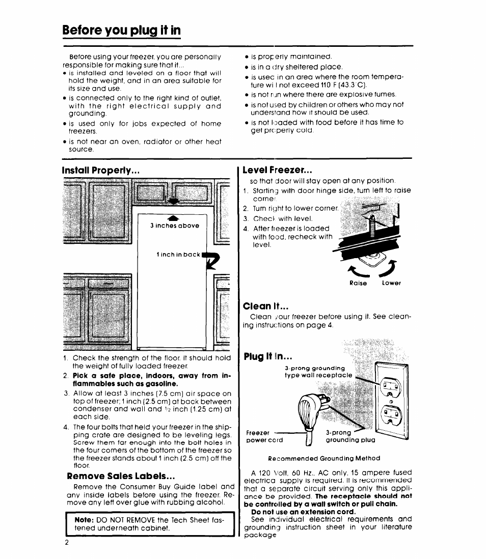 Install properly, Remove sales labels, Level freezer | Clean it, Plug it in, Before you plug it in | Whirlpool EV15OCXK User Manual | Page 2 / 8
