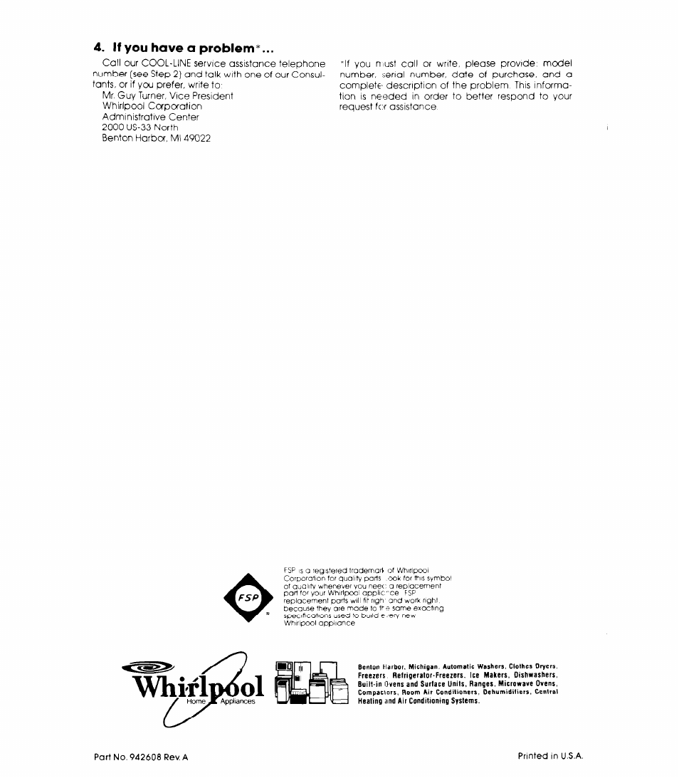 If you have a problem, Aivhirîdool | Whirlpool EV15OCXK User Manual | Page 8 / 8