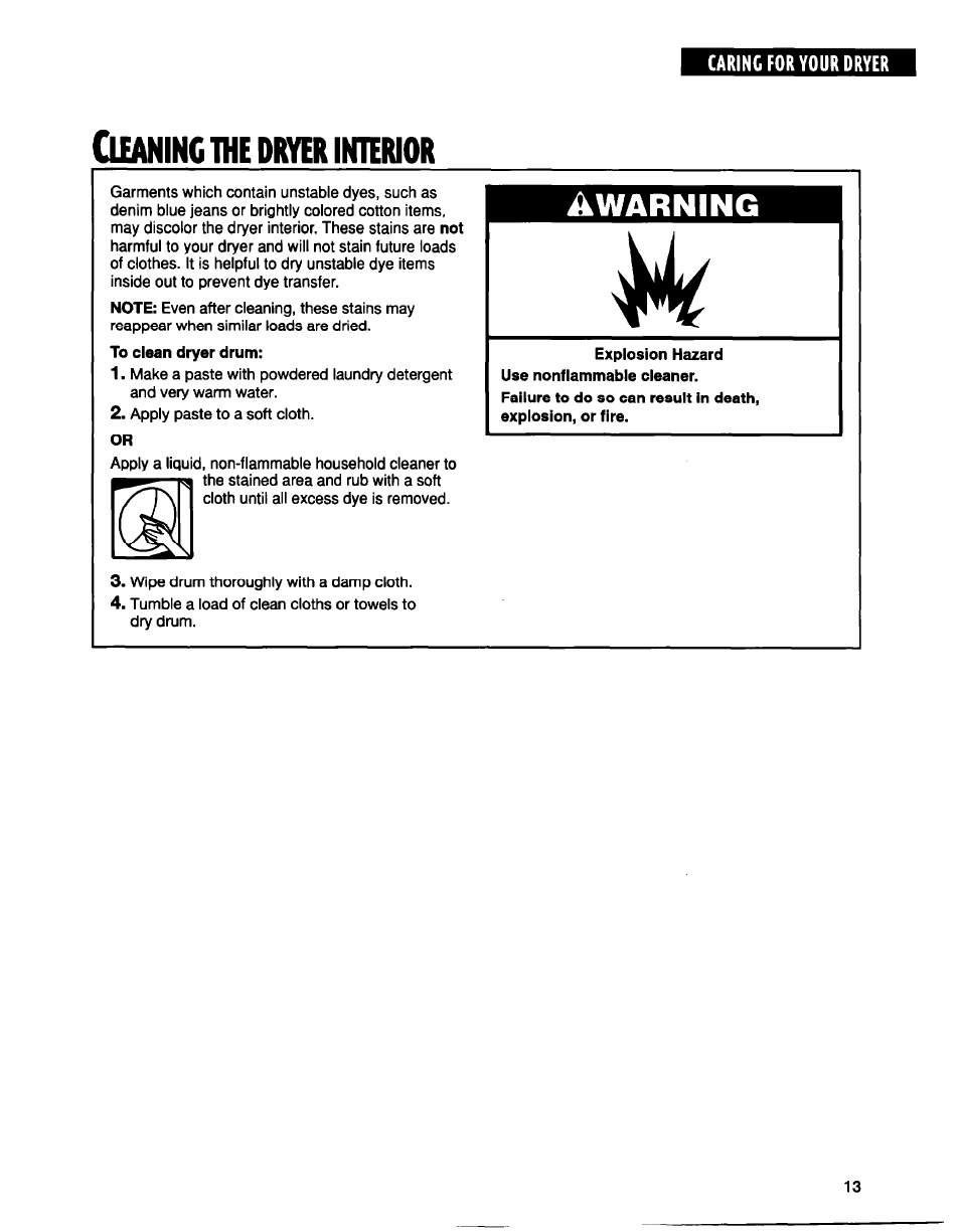 Explosion hazard use nonflammable cleaner, Warning, Cleaninc the dryer interior | Whirlpool BYCD3722W0 User Manual | Page 13 / 19