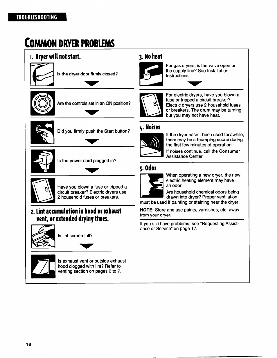 I. dryer will not start, No heat, Noises | Odor, Diwer problems, Ommon | Whirlpool BYCD3722W0 User Manual | Page 16 / 19