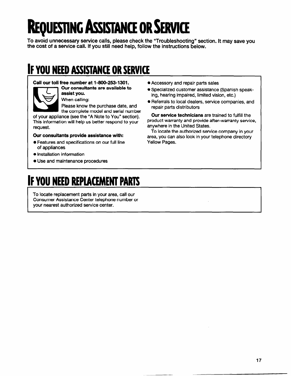 Requesihk asskhike orservke, Call our toll free number at 1-800-253-1301, Equesihk | Sskhike, Ervke, You need repiacement paris | Whirlpool BYCD3722W0 User Manual | Page 17 / 19