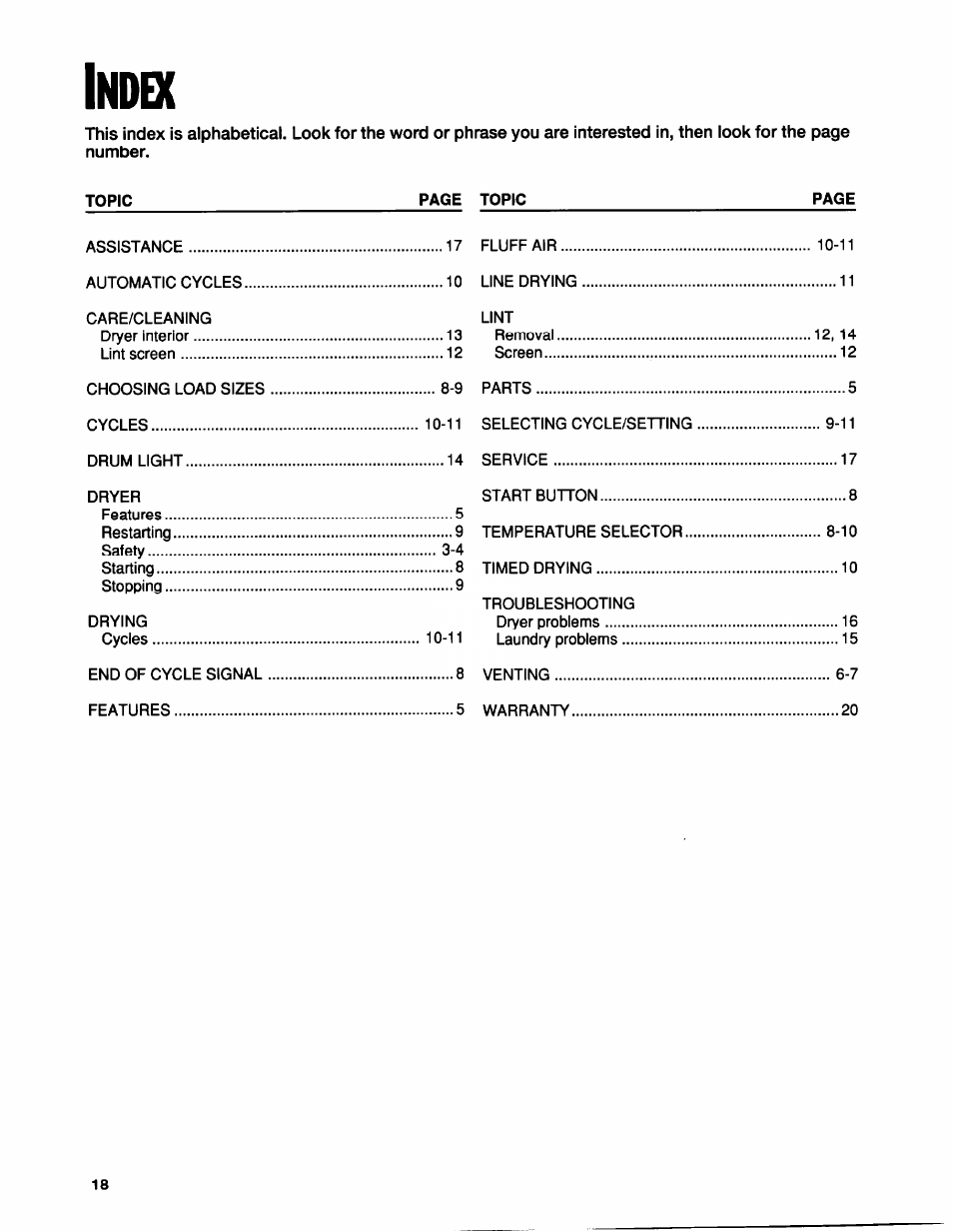 Index, Ndex | Whirlpool BYCD3722W0 User Manual | Page 18 / 19