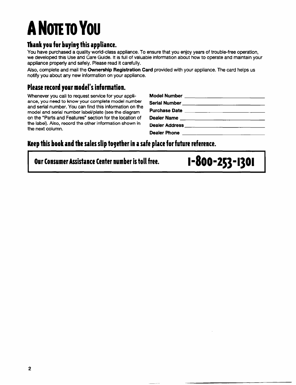 Anoietoyou, Thank you for buying this appliance, Please record your fflodel’s information | Oieto | Whirlpool BYCD3722W0 User Manual | Page 2 / 19