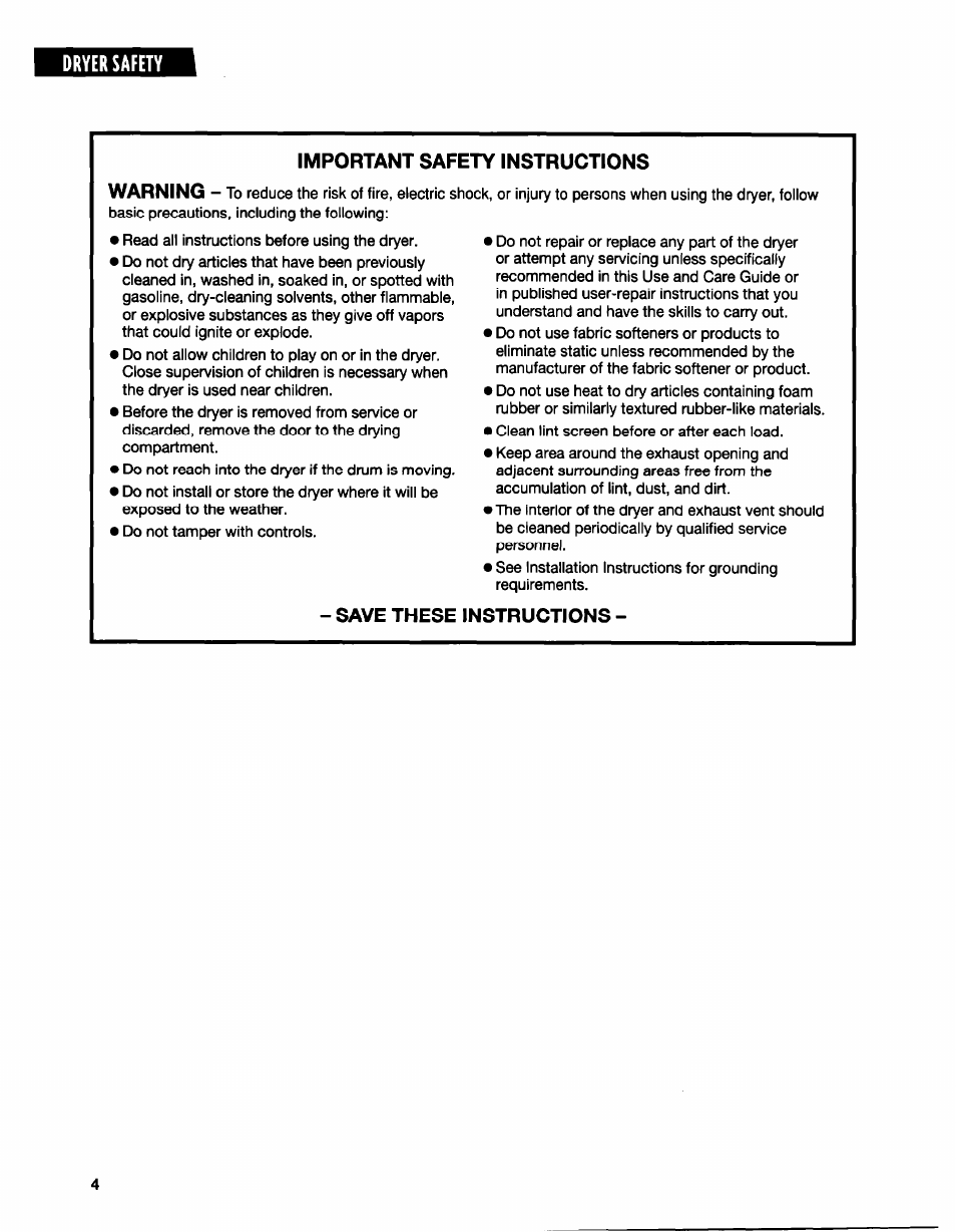 Dryer safety important safety instructions warning, Save these instructions | Whirlpool BYCD3722W0 User Manual | Page 4 / 19