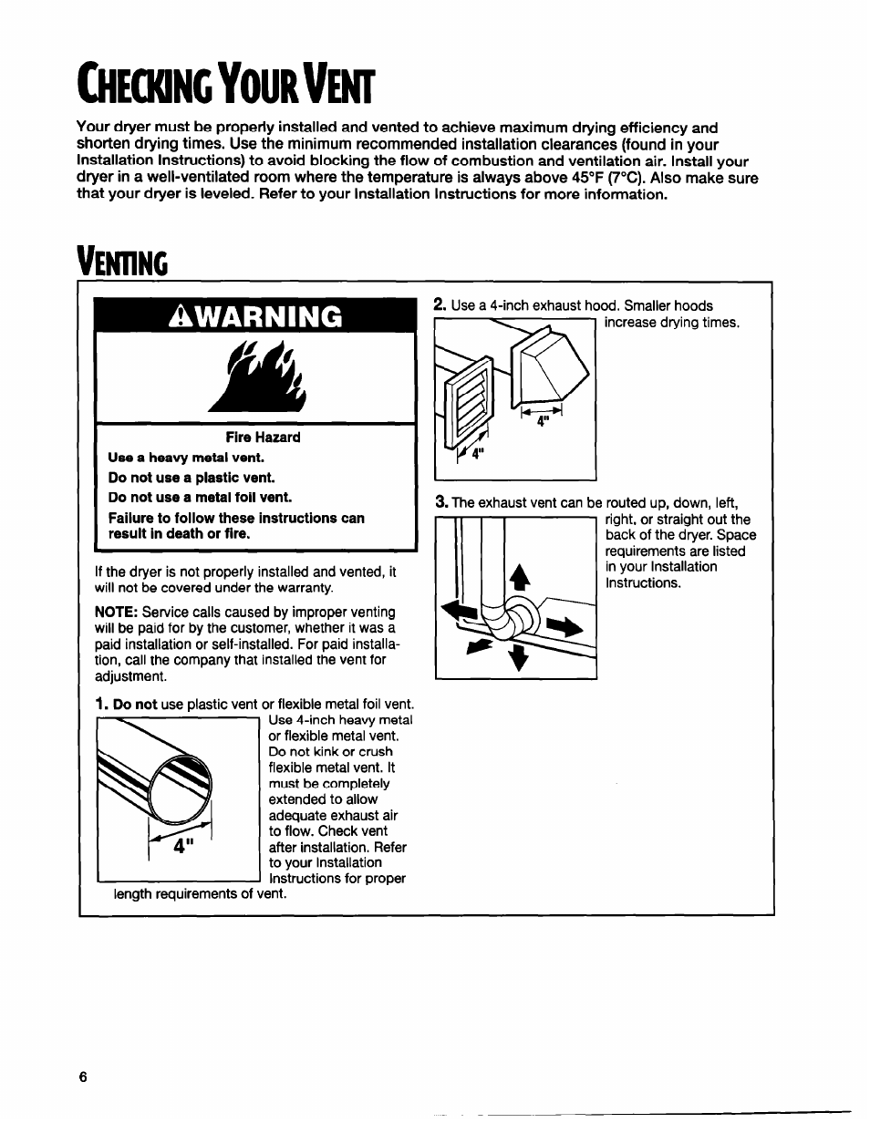 Cheoonc your vent, Awarning, Heoonc | Whirlpool BYCD3722W0 User Manual | Page 6 / 19