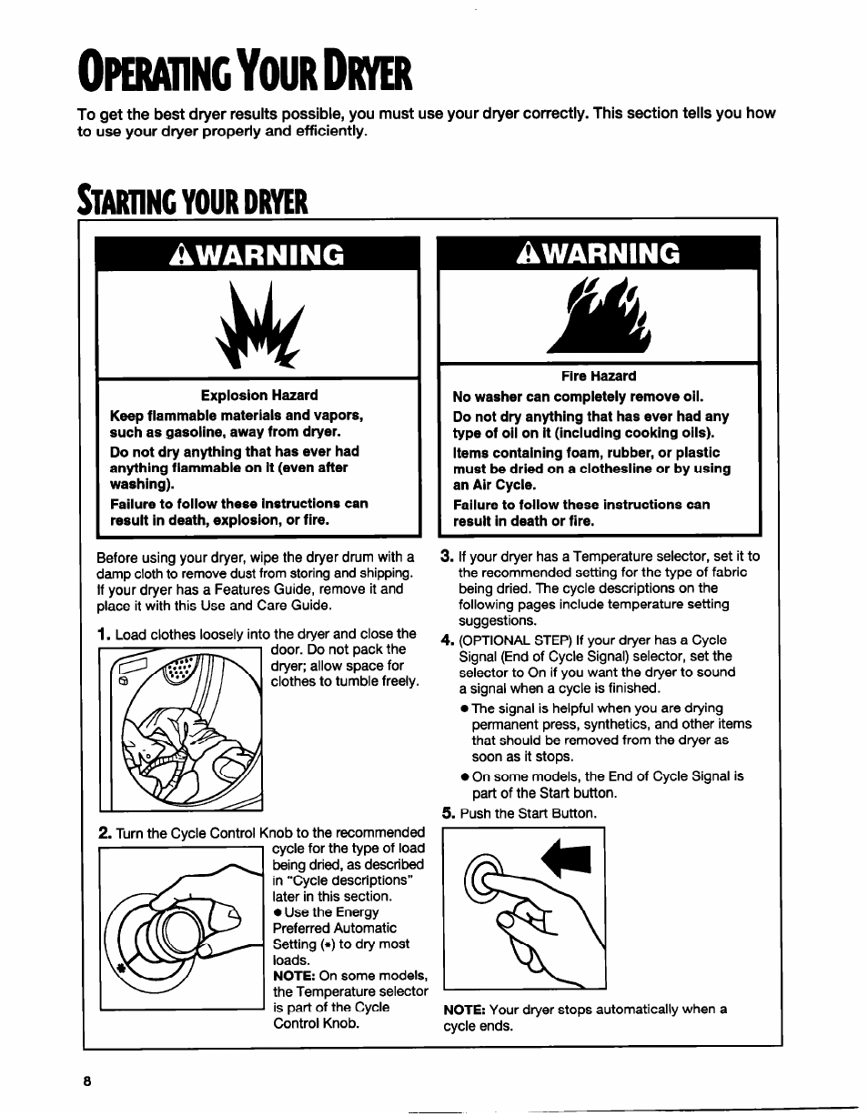 Opemünncyourdlhgt, Warning awarning, Staminc your dryer | Whirlpool BYCD3722W0 User Manual | Page 8 / 19