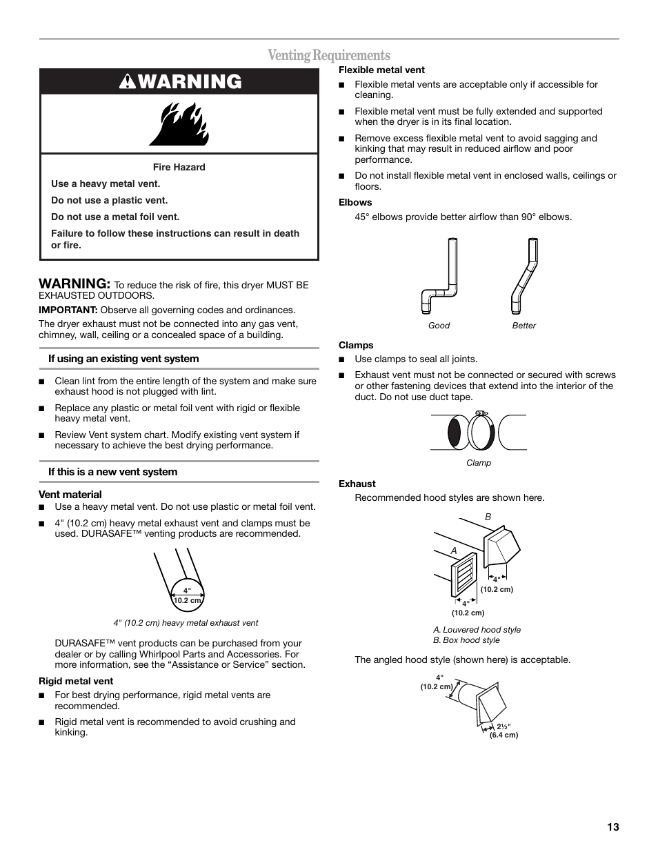 Venting requirements, Warning | Whirlpool Duet W10182361A User Manual | Page 13 / 28