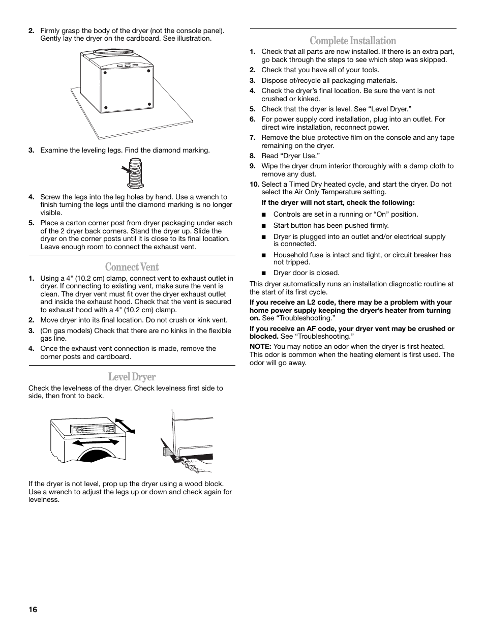 Connect vent, Level dryer, Complete installation | Whirlpool Duet W10182361A User Manual | Page 16 / 28