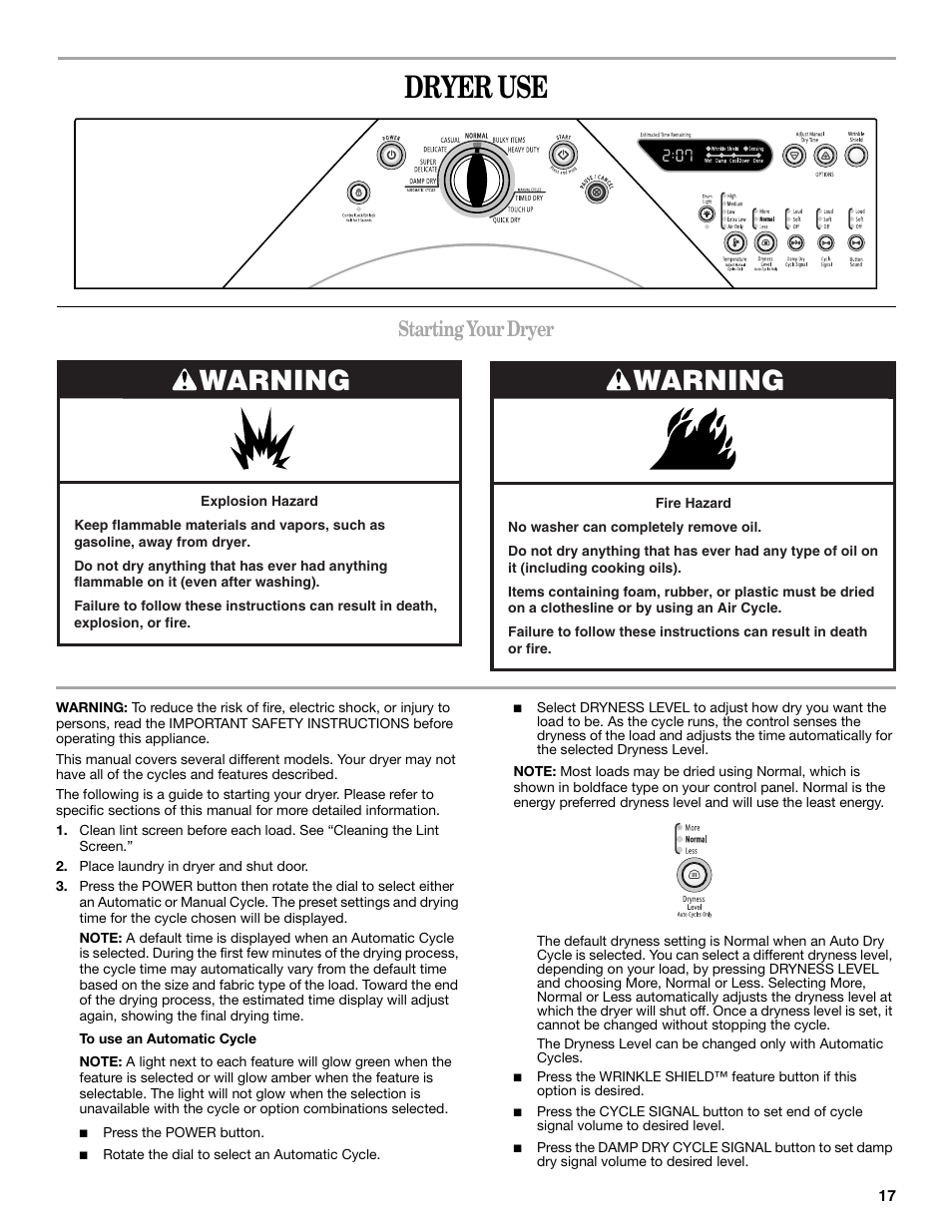 Dryer use, Warning, Starting your dryer | Whirlpool Duet W10182361A User Manual | Page 17 / 28