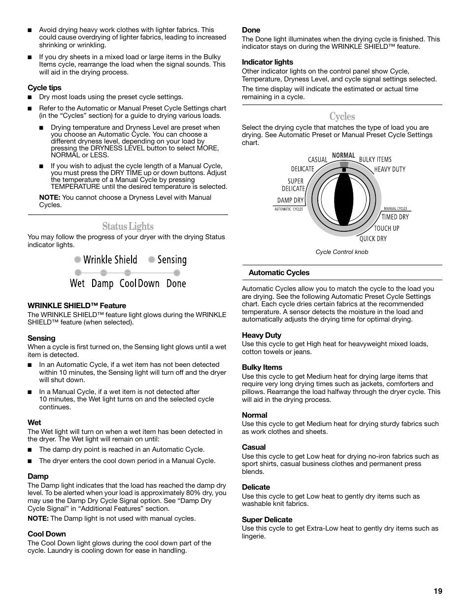 Status lights, Cycles | Whirlpool Duet W10182361A User Manual | Page 19 / 28