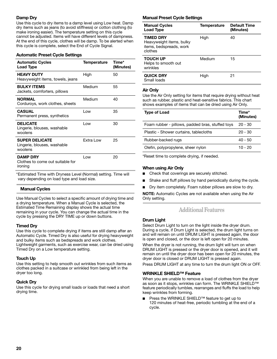 Additional features | Whirlpool Duet W10182361A User Manual | Page 20 / 28