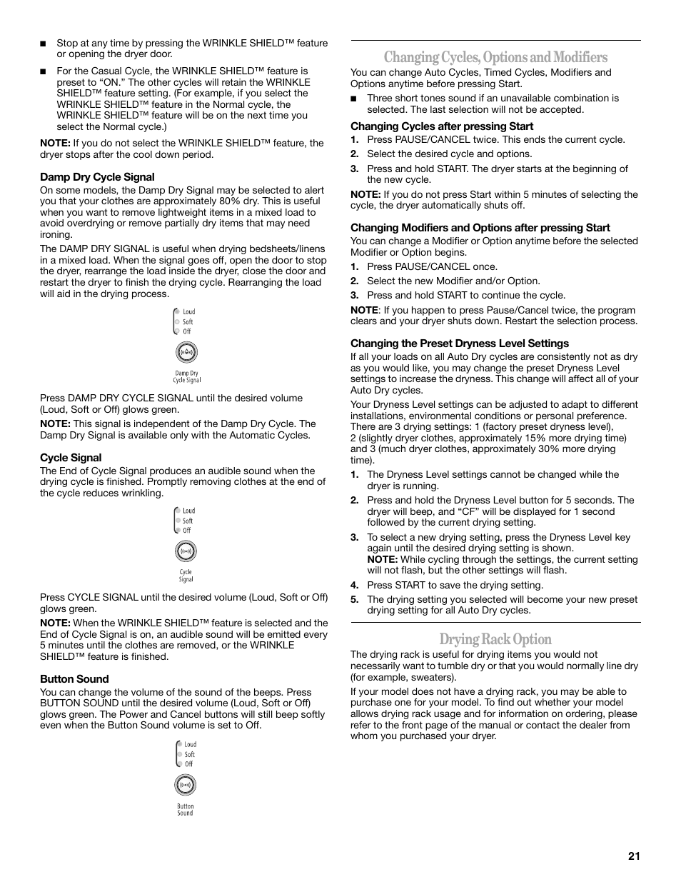 Changing cycles, options and modifiers, Drying rack option | Whirlpool Duet W10182361A User Manual | Page 21 / 28