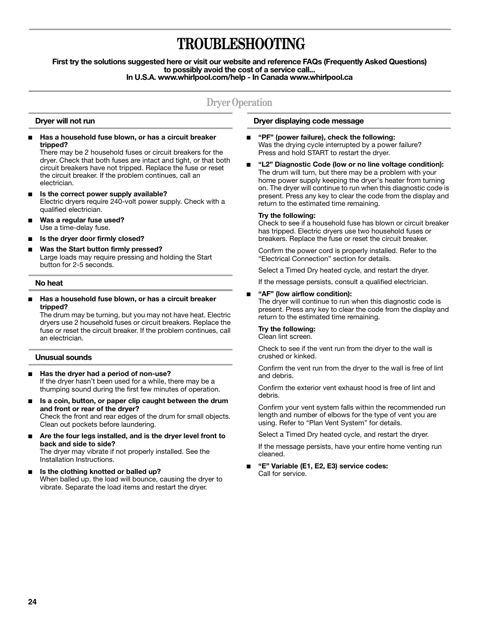 Troubleshooting, Dryer operation | Whirlpool Duet W10182361A User Manual | Page 24 / 28