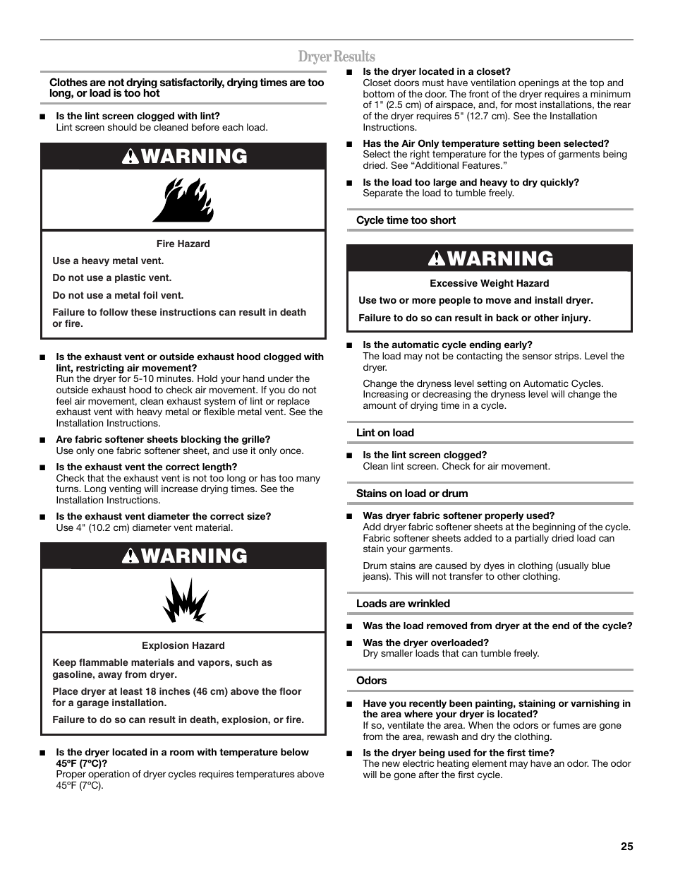 Warning, Dryer results | Whirlpool Duet W10182361A User Manual | Page 25 / 28