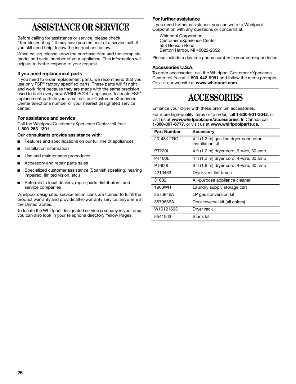 Assistance or service, Accessories | Whirlpool Duet W10182361A User Manual | Page 26 / 28