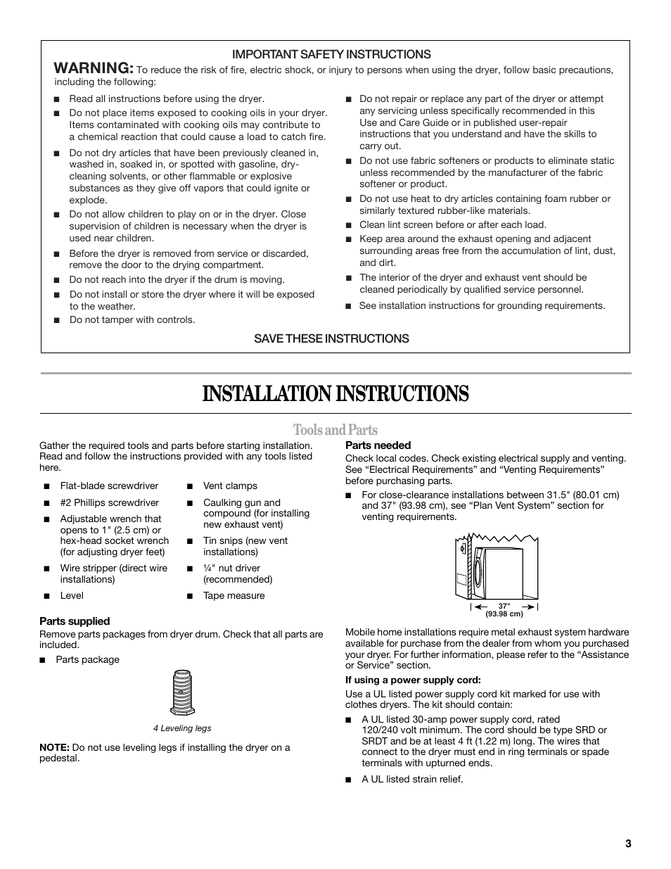 Installation instructions, Tools and parts, Warning | Important safety instructions, Save these instructions | Whirlpool Duet W10182361A User Manual | Page 3 / 28