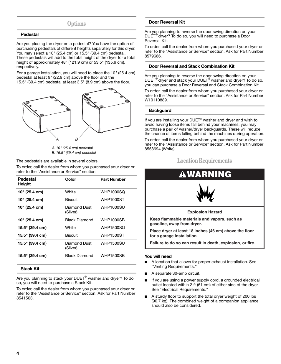 Warning, Options, Location requirements | Whirlpool Duet W10182361A User Manual | Page 4 / 28