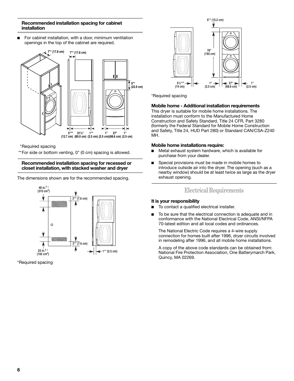 Electrical requirements, Mobile home - additional installation requirements, Mobile home installations require | It is your responsibility | Whirlpool Duet W10182361A User Manual | Page 6 / 28