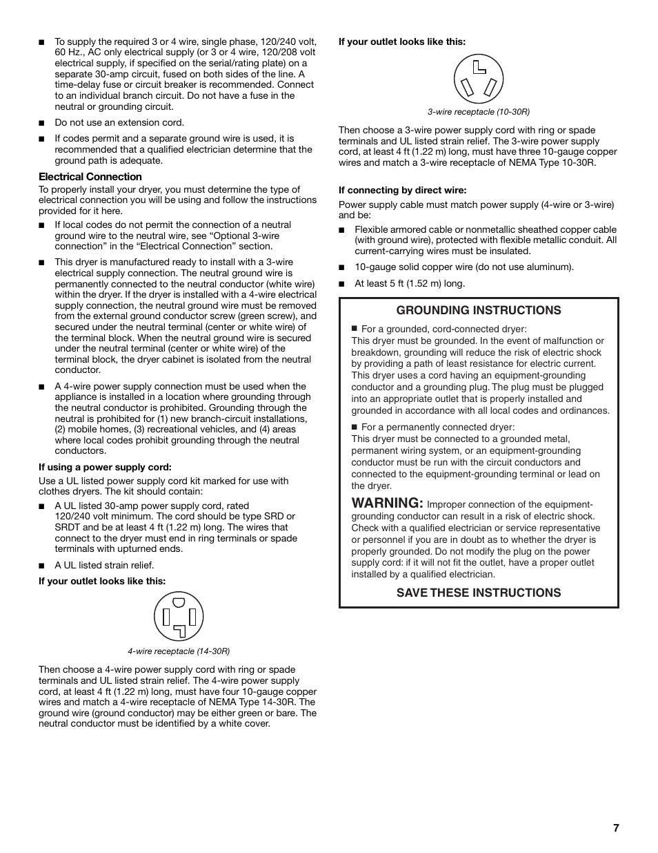 Warning, Grounding instructions save these instructions | Whirlpool Duet W10182361A User Manual | Page 7 / 28