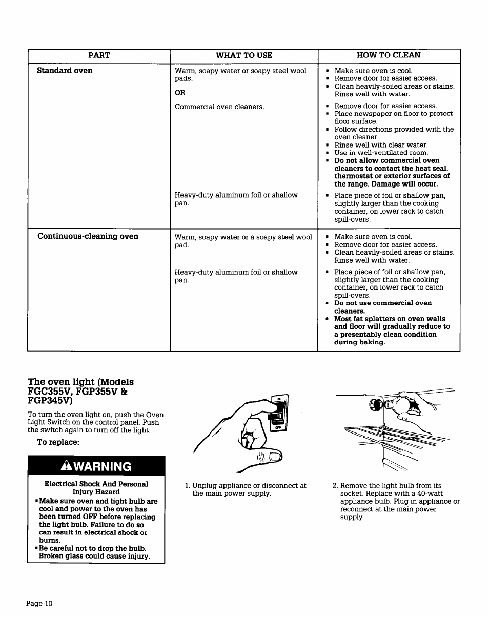 The oven light (models fgc355v, fgp355v & fgp345v), To replace, Warning | Whirlpool FGP355V User Manual | Page 10 / 12