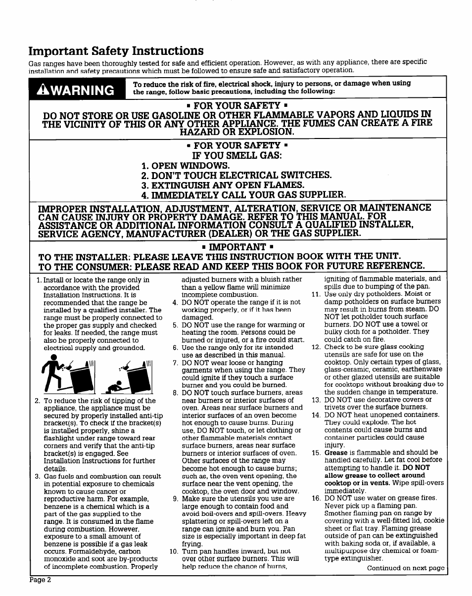 Important safety instructions, Warning | Whirlpool FGP355V User Manual | Page 2 / 12