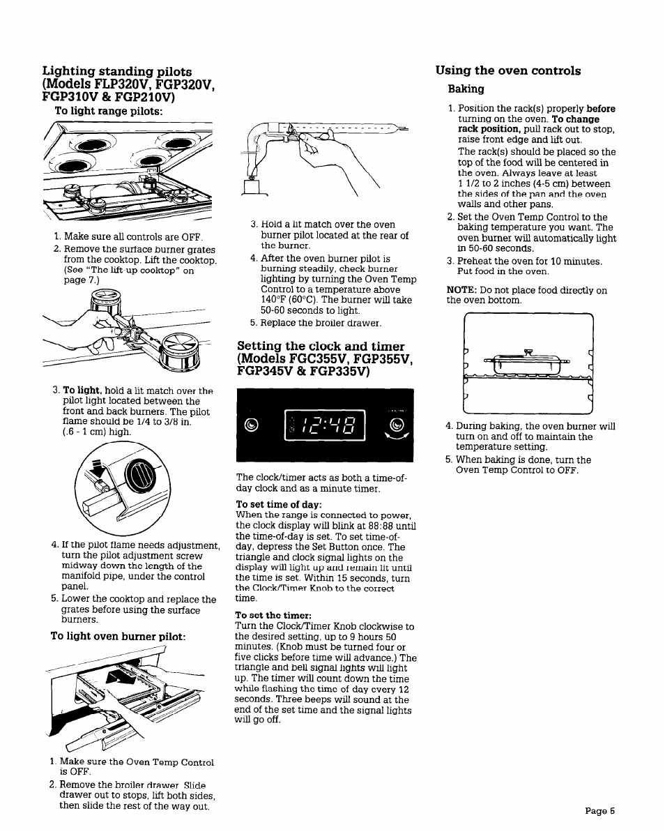 To light range pilots, Using the oven controls, Baking | Whirlpool FGP355V User Manual | Page 5 / 12