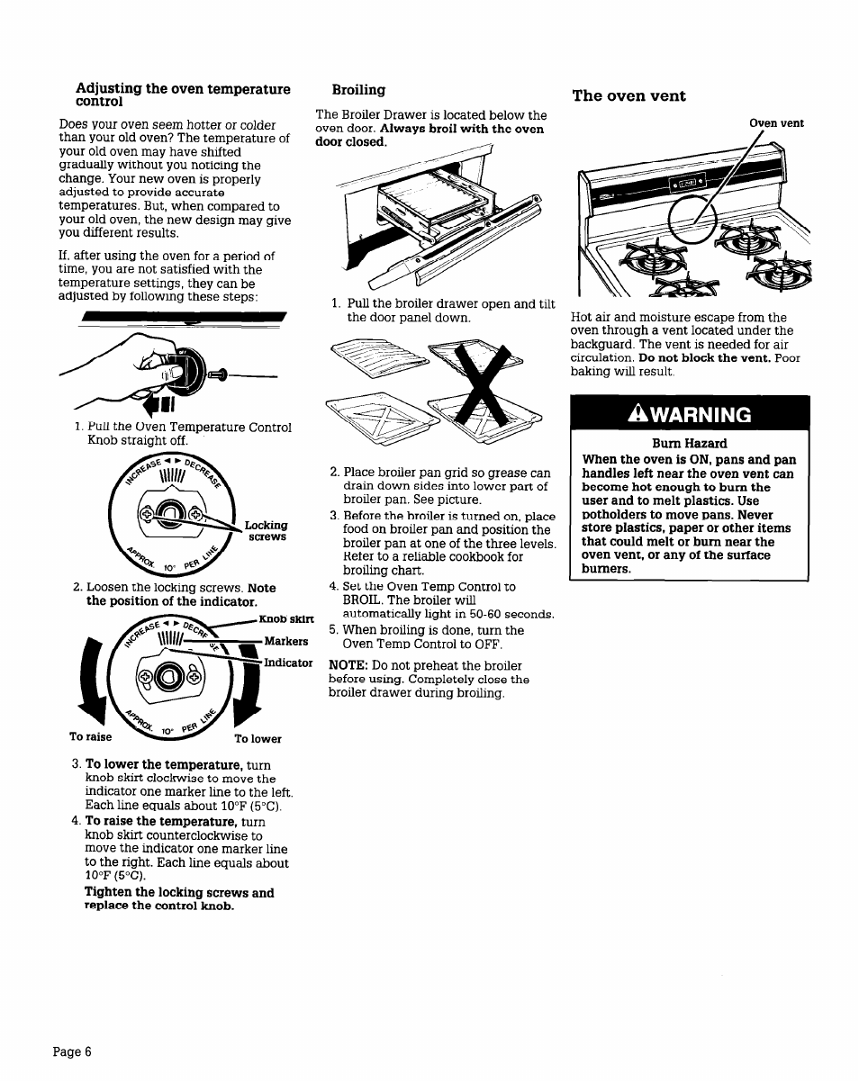 Adjusting the oven temperature control, Broiling, The oven vent | Warning | Whirlpool FGP355V User Manual | Page 6 / 12