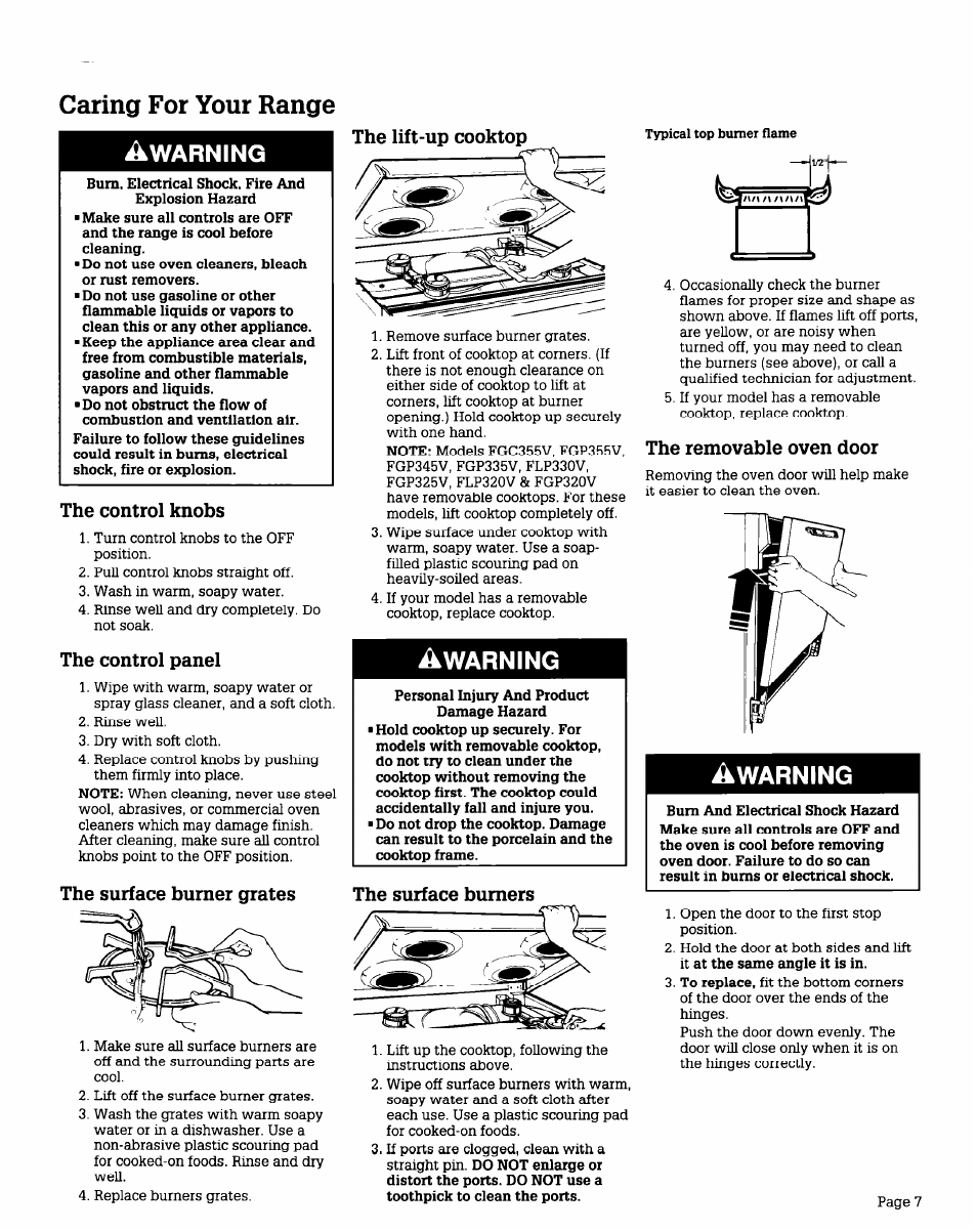 The lift-up cooktop, The control knobs, The control panel | The surface burner grates, The surface burners, The removable oven door, Caring for your range, Warning | Whirlpool FGP355V User Manual | Page 7 / 12