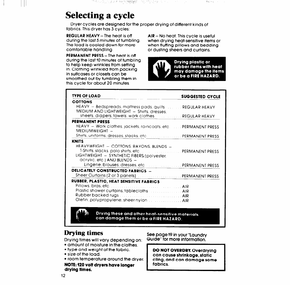 Drying times, Selecting a cycle | Whirlpool LT5000XL User Manual | Page 12 / 16
