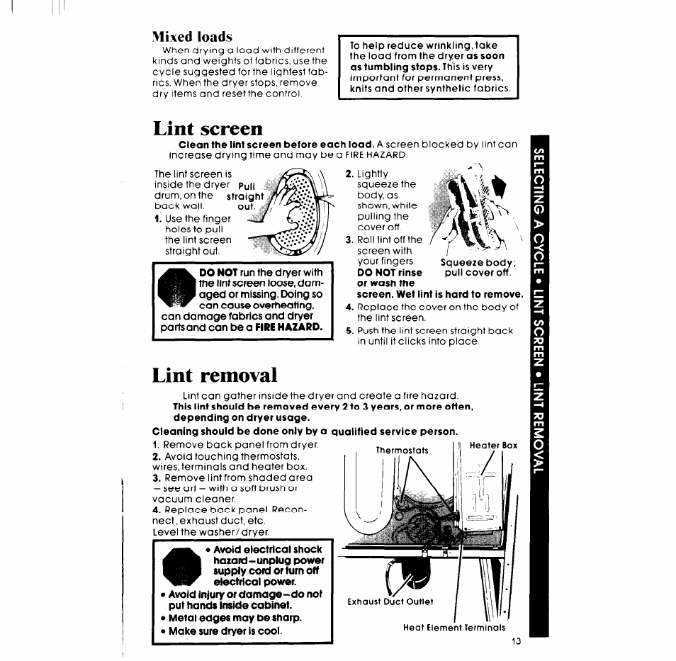 Mixed loads, Lint screen, Lint removal | Whirlpool LT5000XL User Manual | Page 13 / 16