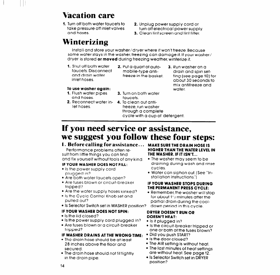 Before calling for assistance, Vacation care, Winterizing | Whirlpool LT5000XL User Manual | Page 14 / 16