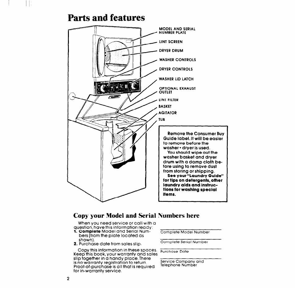 Copy your model and serial numbers here, Parts and features | Whirlpool LT5000XL User Manual | Page 2 / 16