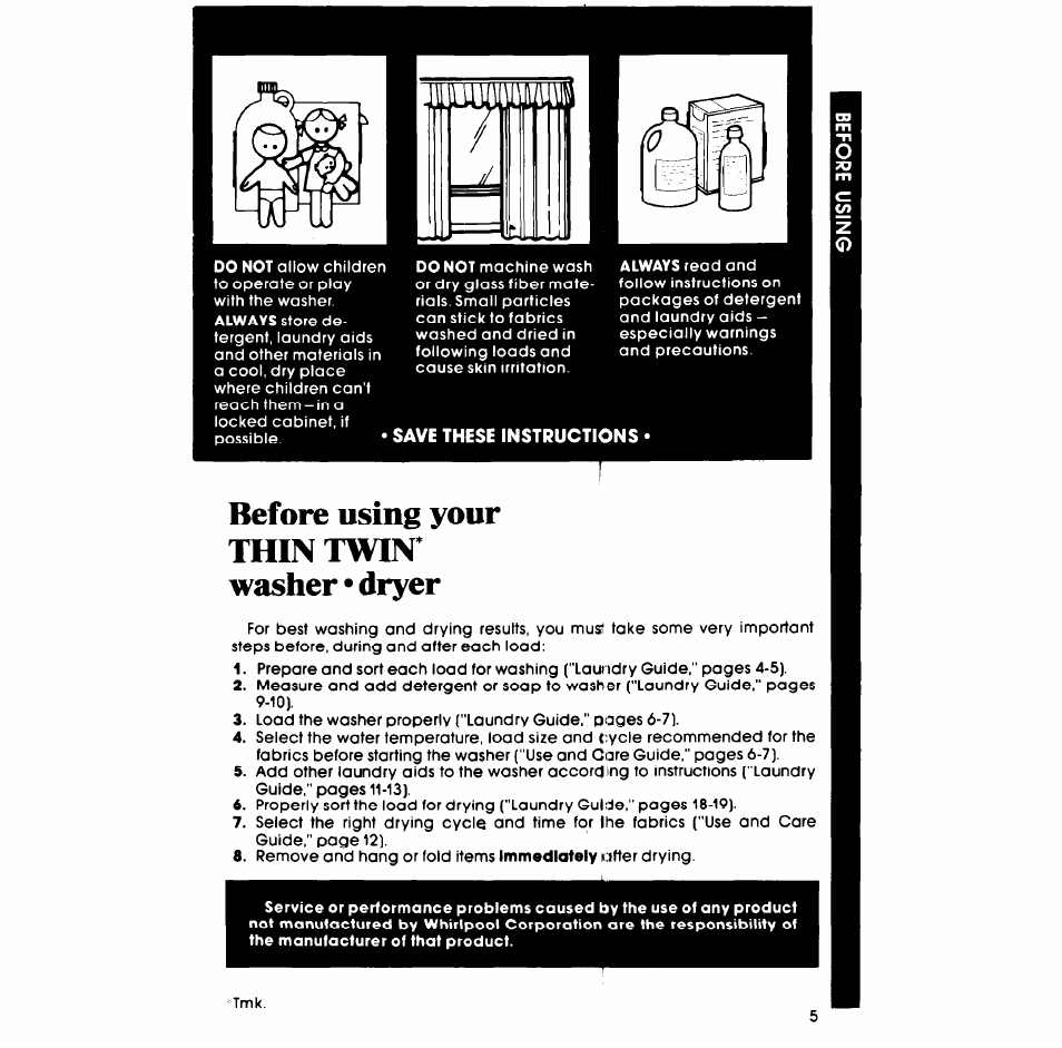 Before using your thin twin* washer • dryer | Whirlpool LT5000XL User Manual | Page 5 / 16