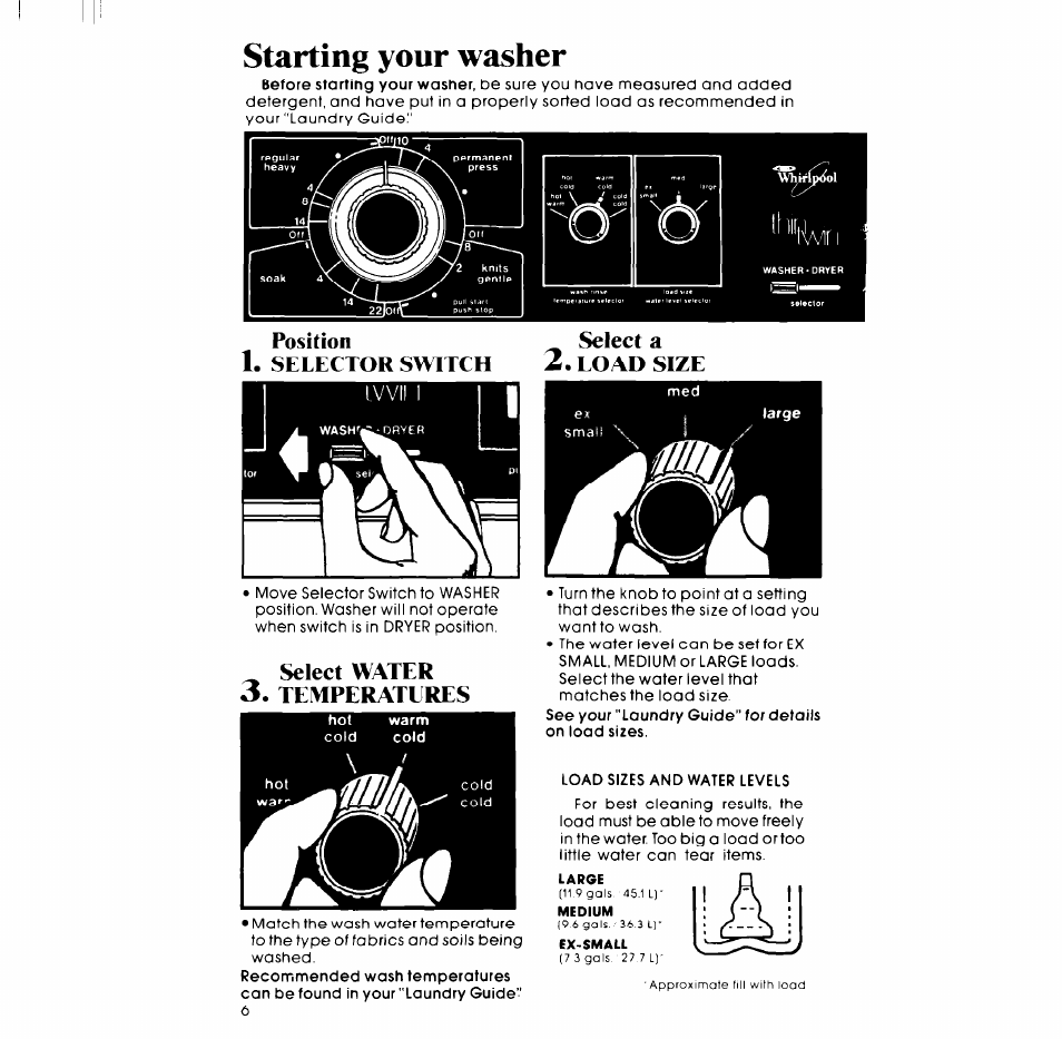Selector switch, Select water, Temperatures | Starting your washer, Position 1. selector switch, Select water 3. temperatures, Select a 2. load size | Whirlpool LT5000XL User Manual | Page 6 / 16