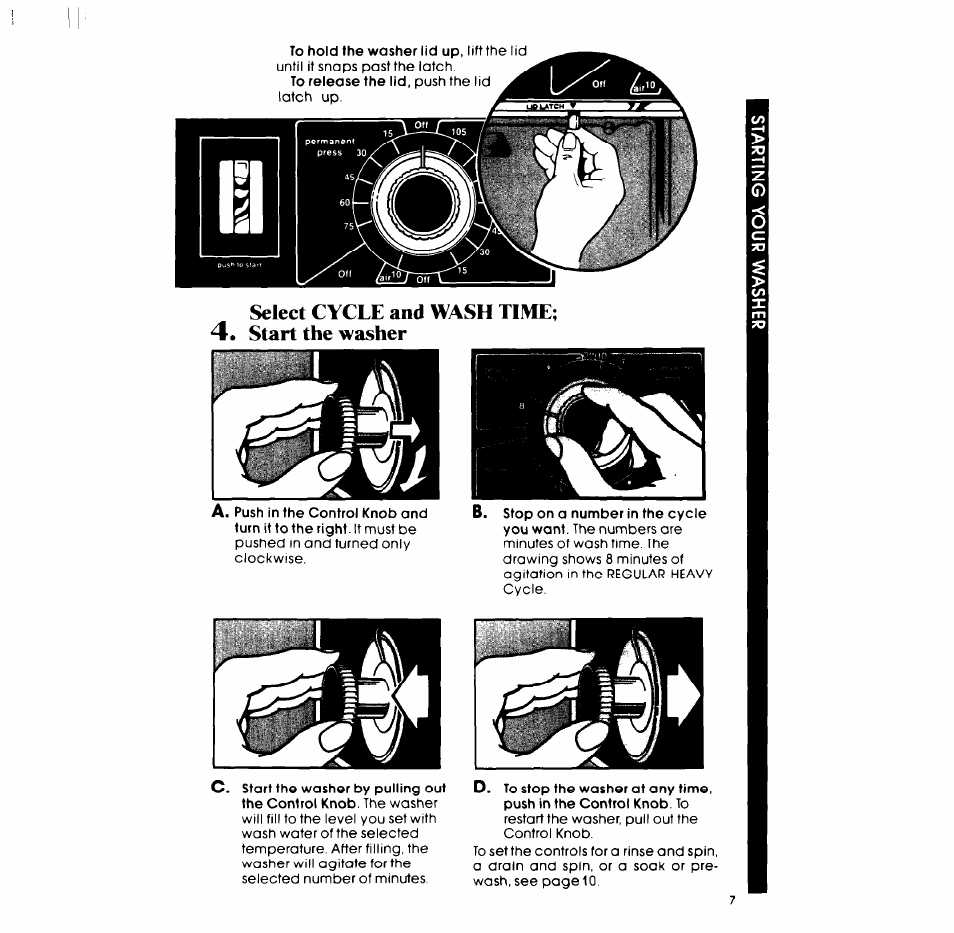 Select cycle and wash time; start the washer | Whirlpool LT5000XL User Manual | Page 7 / 16