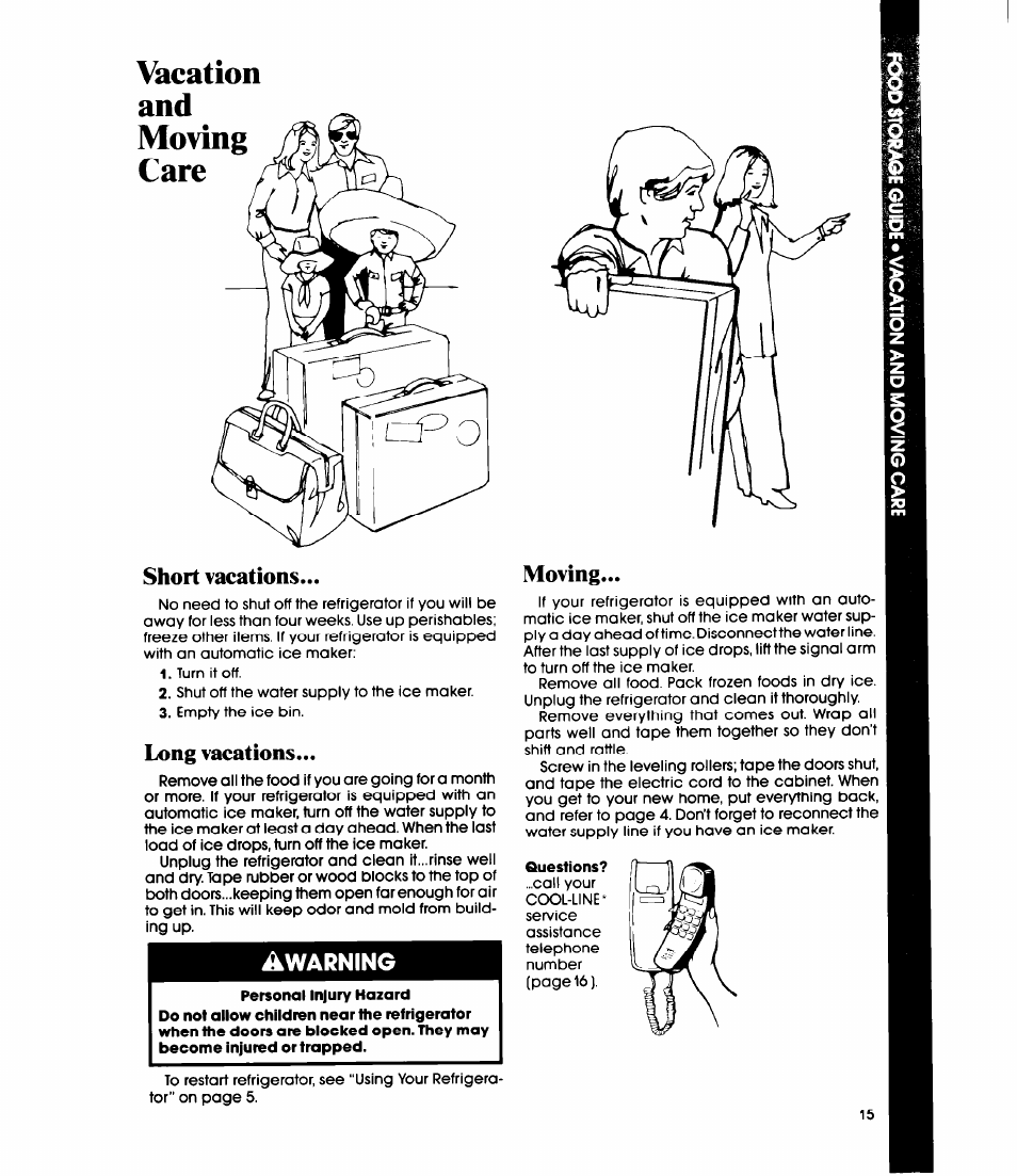 Vacation, Short vacations, Long vacations | Moving, Warning | Whirlpool ED20PK User Manual | Page 15 / 20