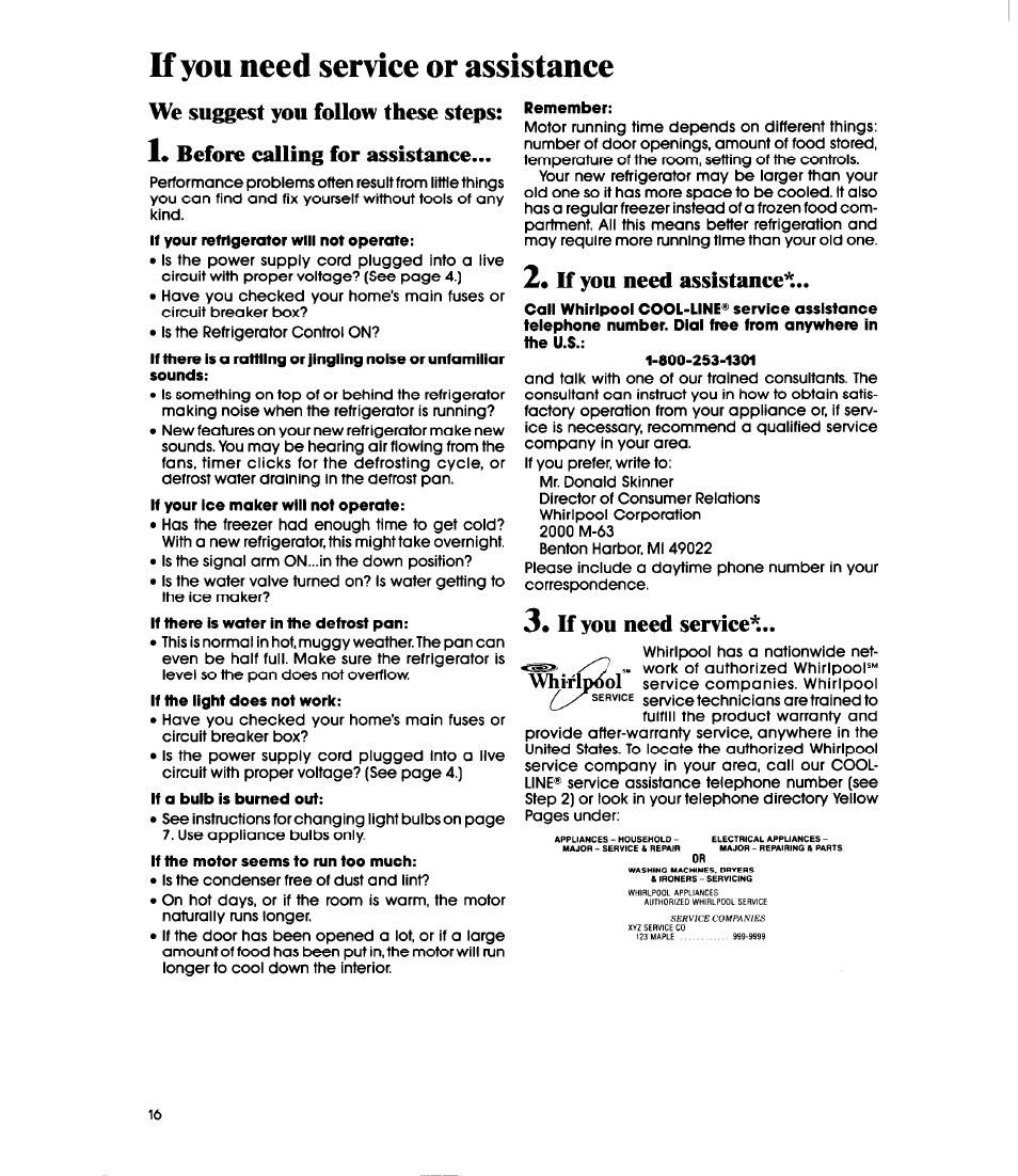 K you need serviee or assistance, 2« if you need assistance, If you need service | Wliiflpfiol | Whirlpool ED20PK User Manual | Page 16 / 20