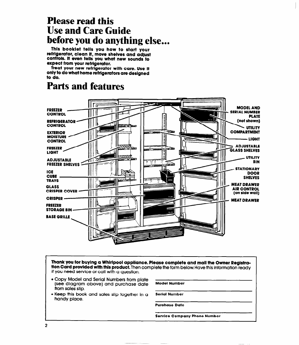 Please read this, Use and care guide, Before you do anything else | Parts and features | Whirlpool ED20PK User Manual | Page 2 / 20