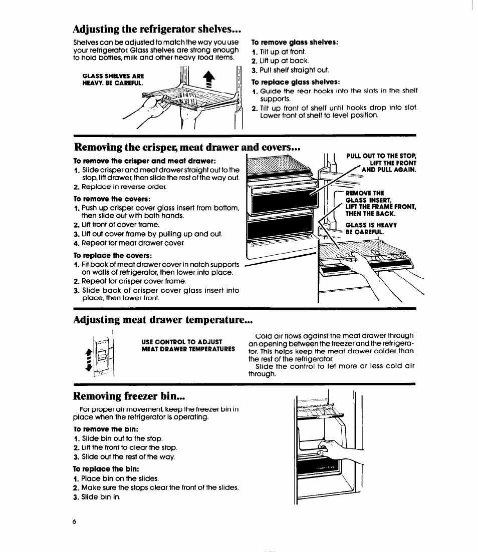 To remove glass shelves, Removing the crispei; meat drawer and covers, To remove the covers | Adjusting meat drawer temperature, Removing freezer bin, To remove the bln, Adjusting the refrigerator shelves | Whirlpool ED20PK User Manual | Page 6 / 20