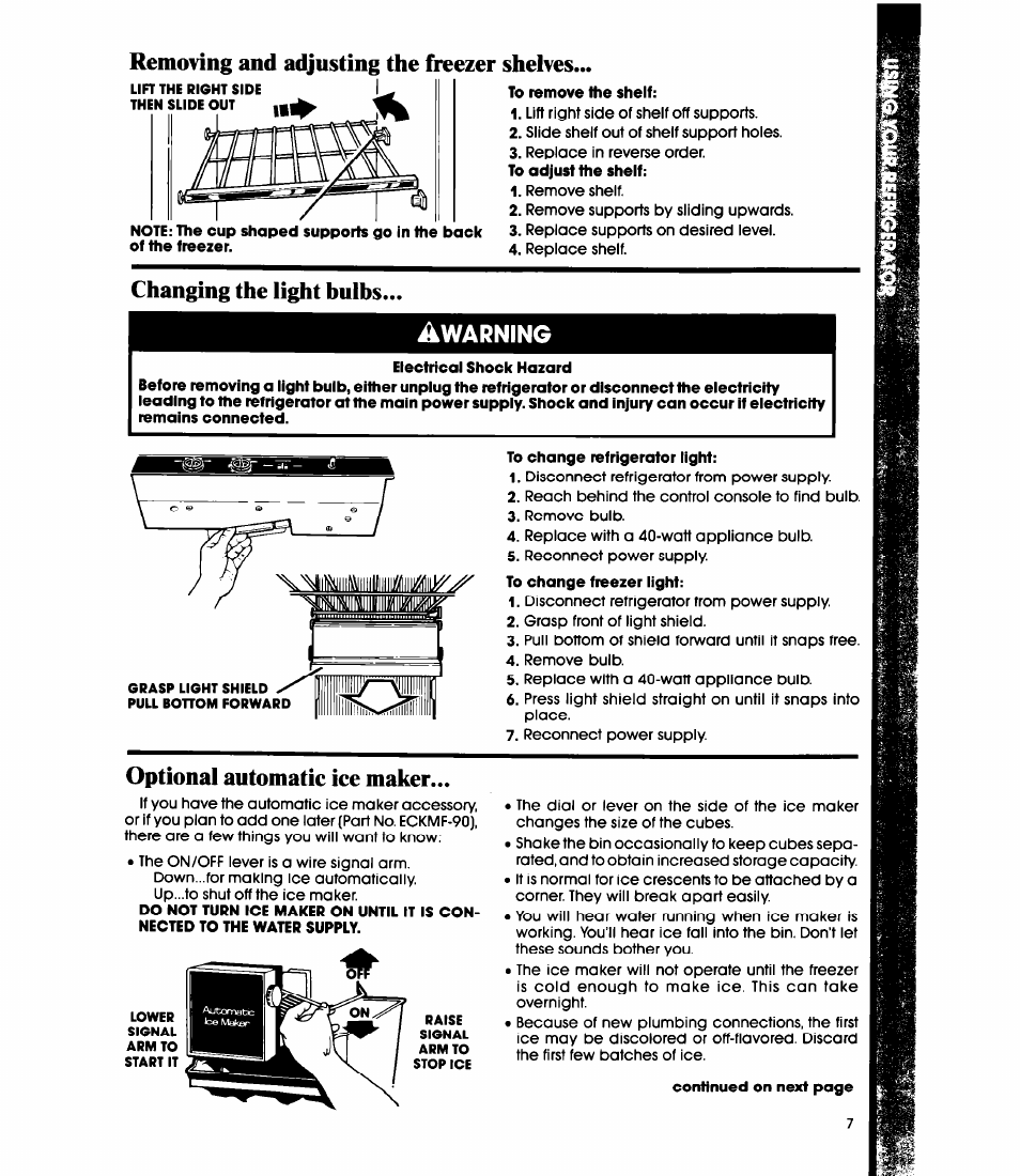 To remove the shelf, Changing the light bulbs, Electrical shock hazard | Optional automatic ice maker, Warning, Removing and adjusting the freezer shelves | Whirlpool ED20PK User Manual | Page 7 / 20