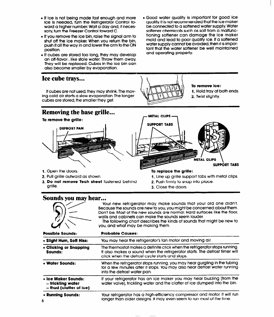 Ice cube trays, To replace the grille, Sounds you may hear | Removing the base grille | Whirlpool ED20PK User Manual | Page 8 / 20