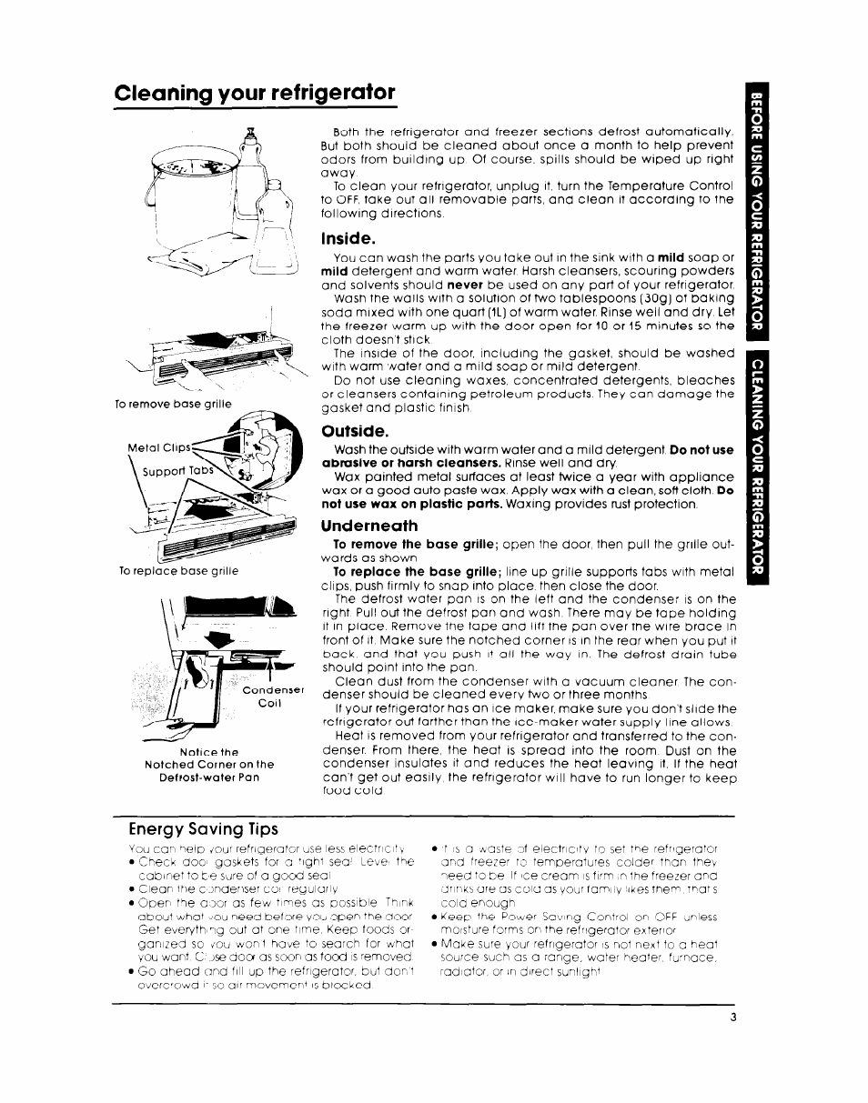 Cleaning your refrigerator, Inside, Outside | Underneath, Energy saving tips | Whirlpool EB19AKXL User Manual | Page 3 / 8