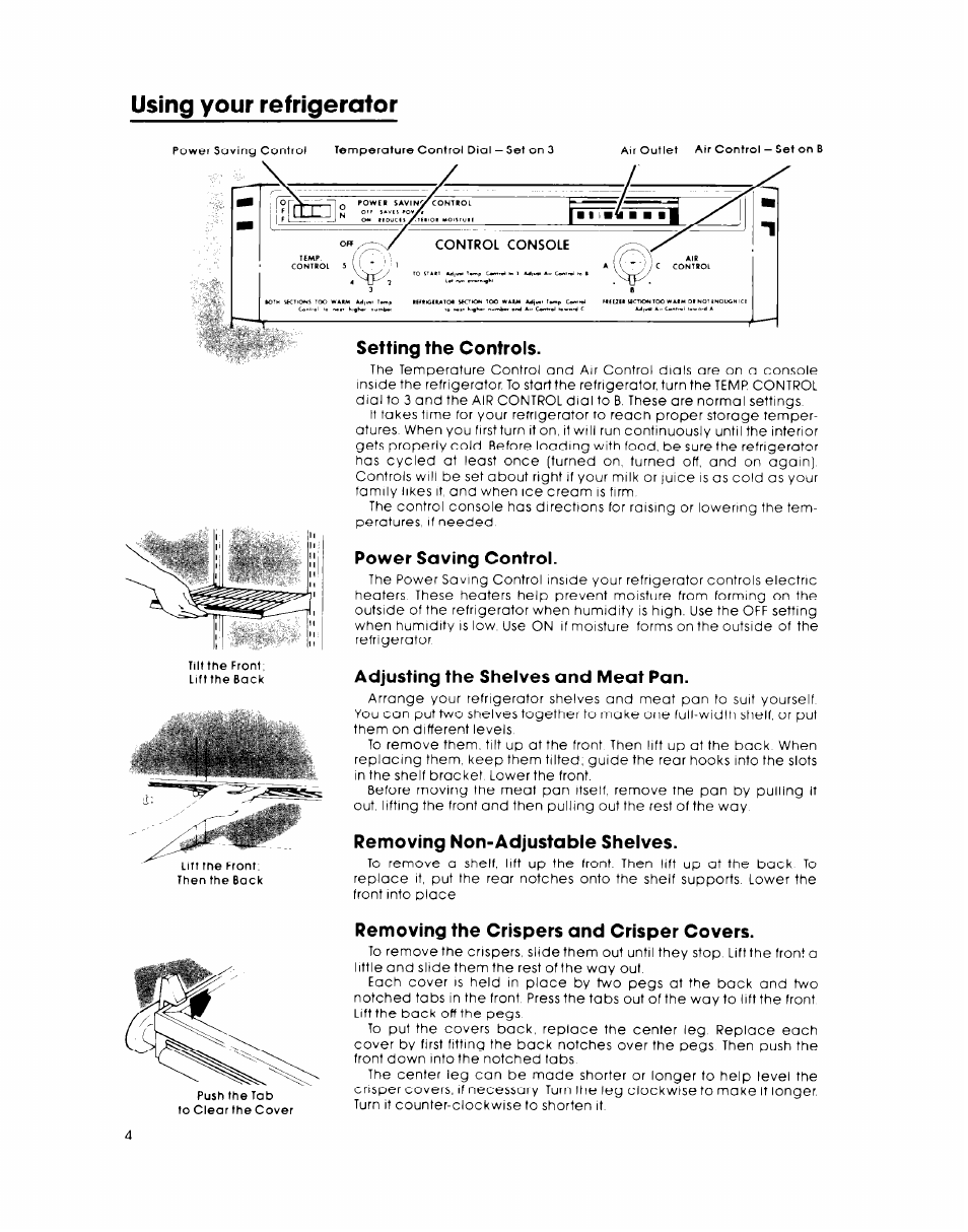 Using your refrigerator, Power saving control, Adjusting the shelves and meat pan | Removing non-adjustable shelves, Removing the crispers and crisper covers | Whirlpool EB19AKXL User Manual | Page 4 / 8