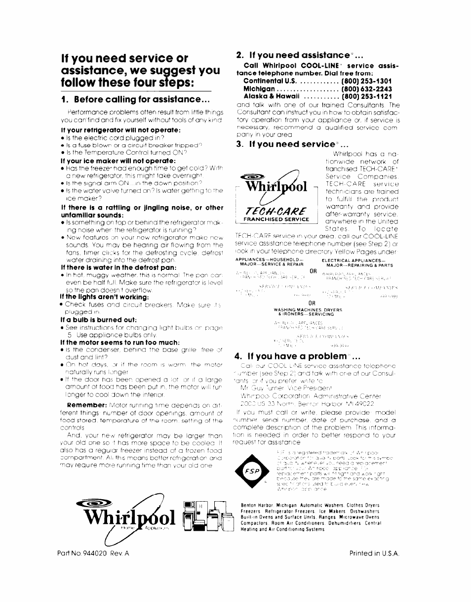 Before calling for assistance, If you need assistance, If you need service | If you have a problem, Whirldiiol, Vwrip2)l | Whirlpool EB19AKXL User Manual | Page 8 / 8