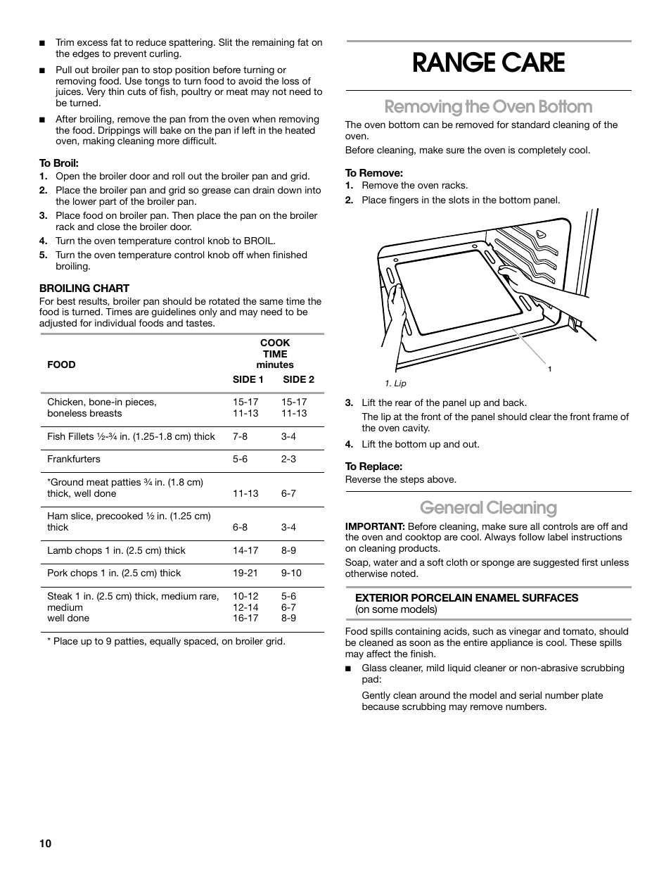 Range care, Removing the oven bottom, General cleaning | Whirlpool FGP305K0 User Manual | Page 10 / 28