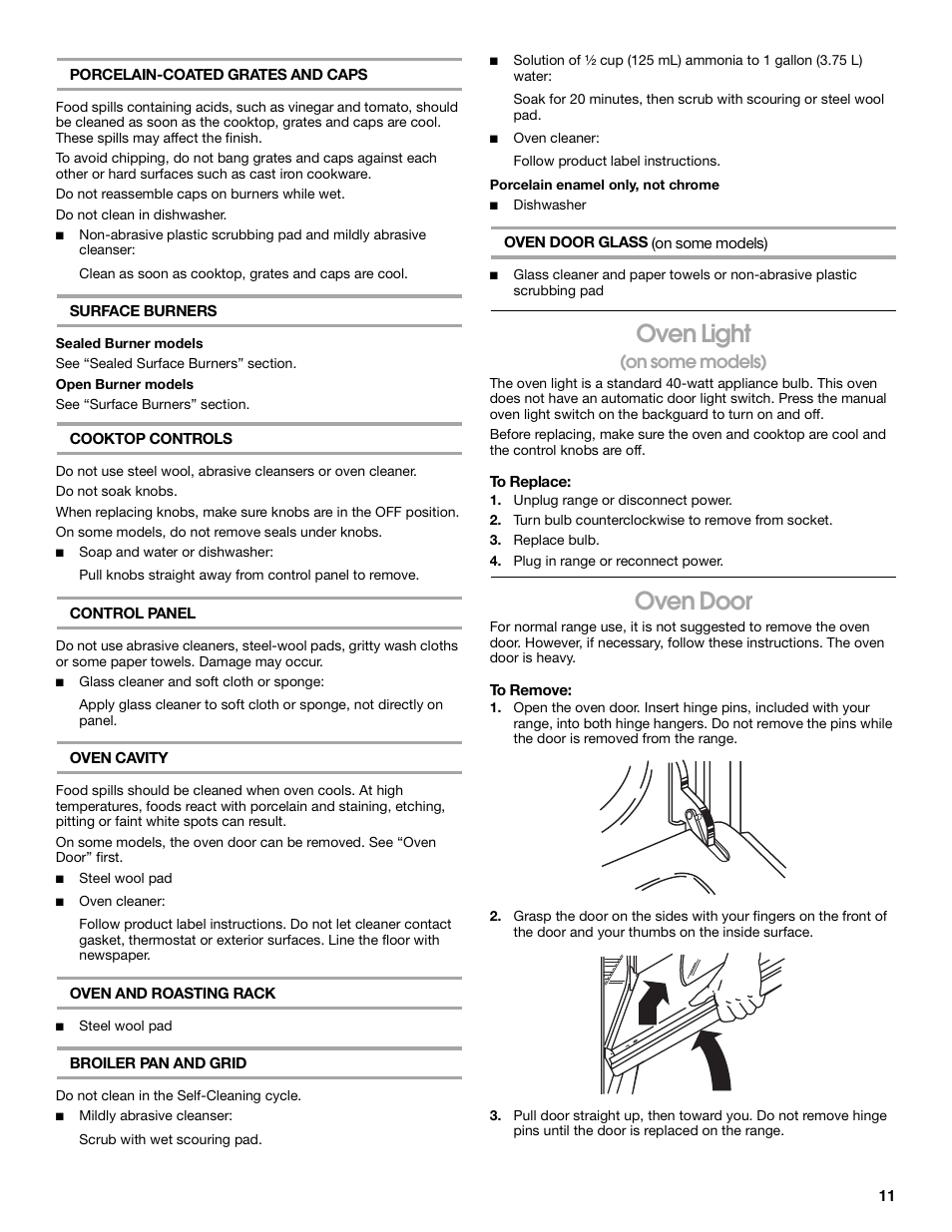 Oven light, Oven door, On some models) | Whirlpool FGP305K0 User Manual | Page 11 / 28
