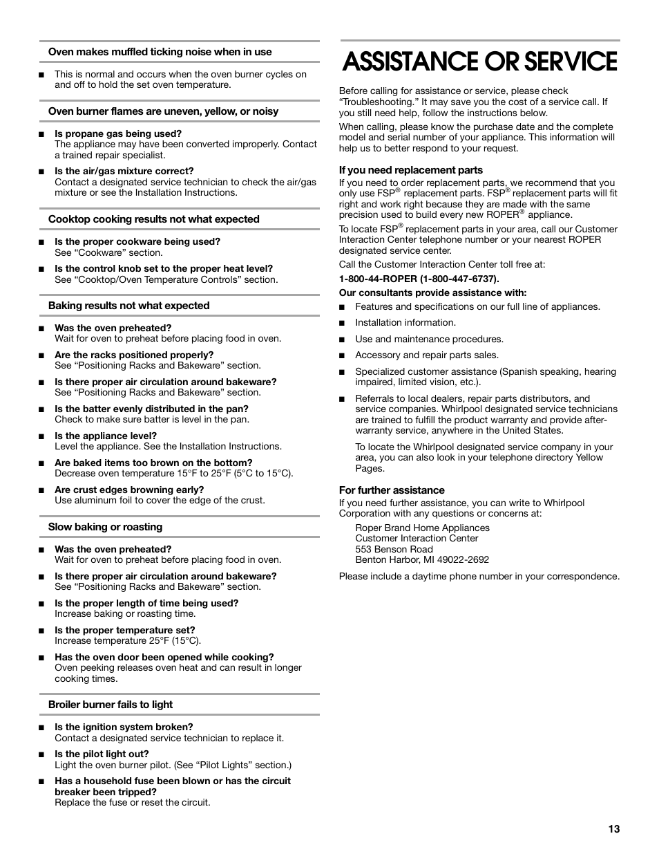 Assistance or service | Whirlpool FGP305K0 User Manual | Page 13 / 28