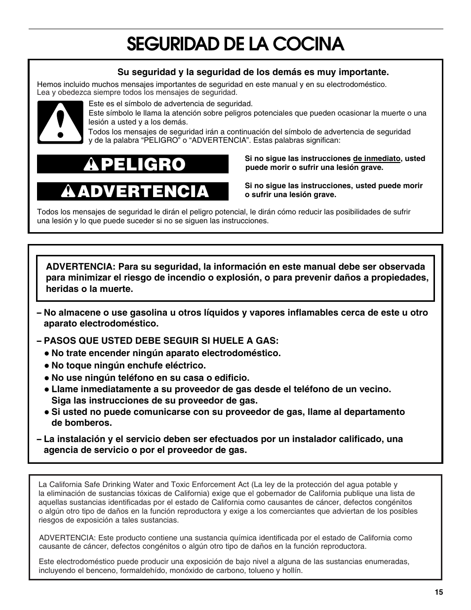 Spanish version, Seguridad de la cocina, Peligro | Advertencia | Whirlpool FGP305K0 User Manual | Page 15 / 28