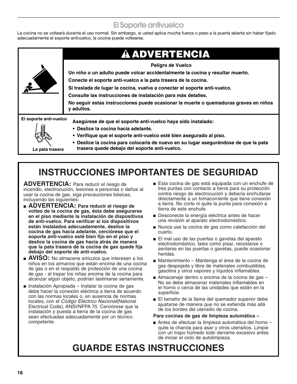Advertencia, Guarde estas instrucciones, Instrucciones importantes de seguridad | El soporte antivuelco, Aviso | Whirlpool FGP305K0 User Manual | Page 16 / 28